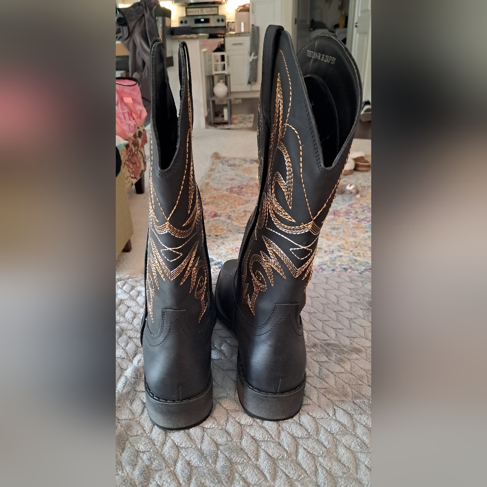 SheSole New Black Western Cowboy Boots with Gold Stitching Sz 7 - Picture 2 of 6